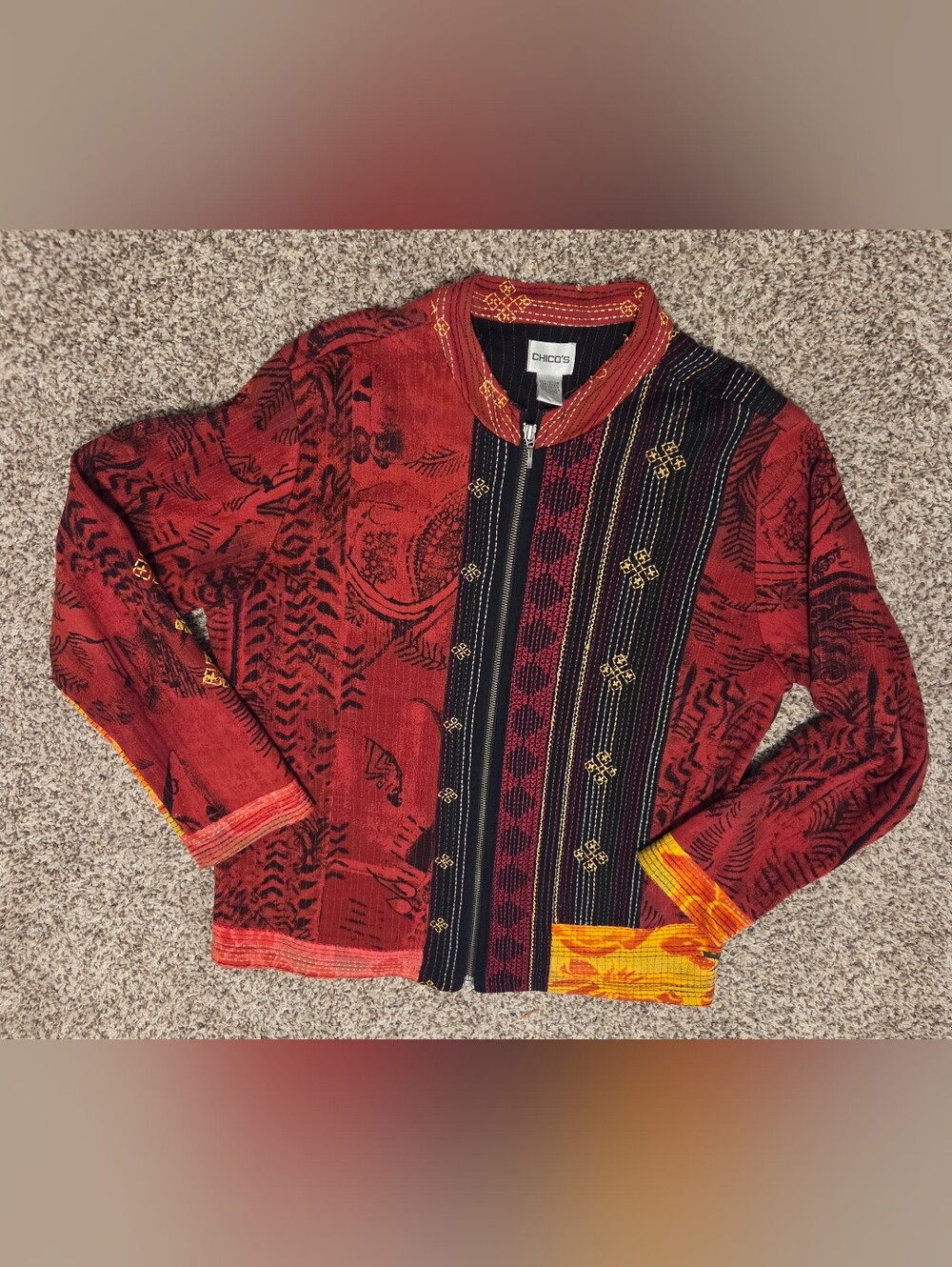 Chico's Red Patchwork Zipper Front Jacket with Gold Accents - Picture 5 of 6